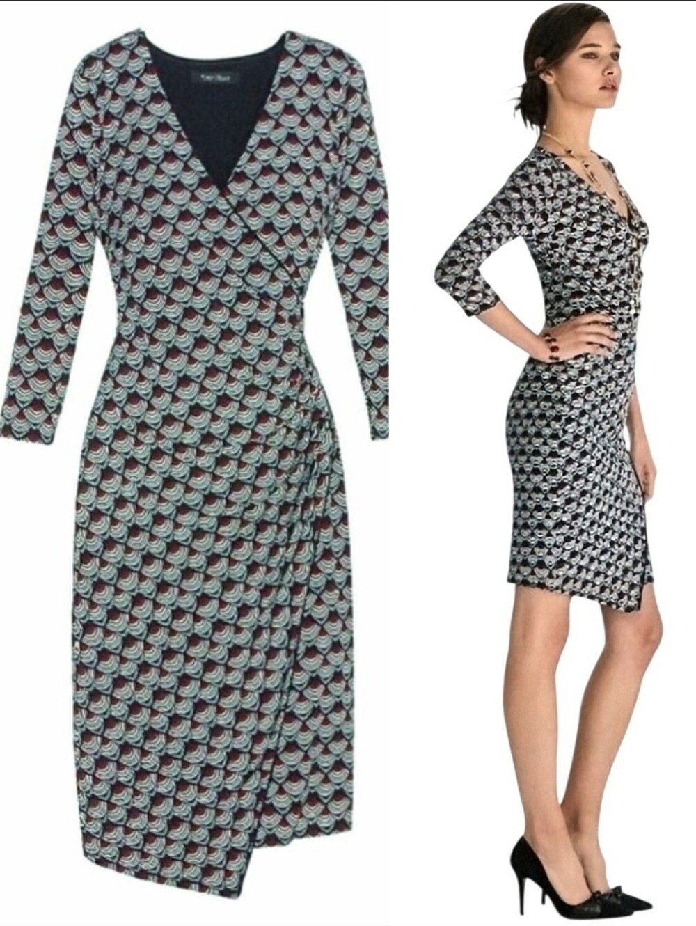 WHBM Faux Wrap V-Neck Knee Length Asymetric Hem Sheath 3/4 Sleeve. Sz 12 L